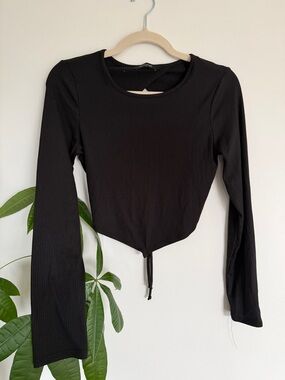 Eclipse Open Back Ribbed Top | Black Tie Back Long Sleeve | Size M